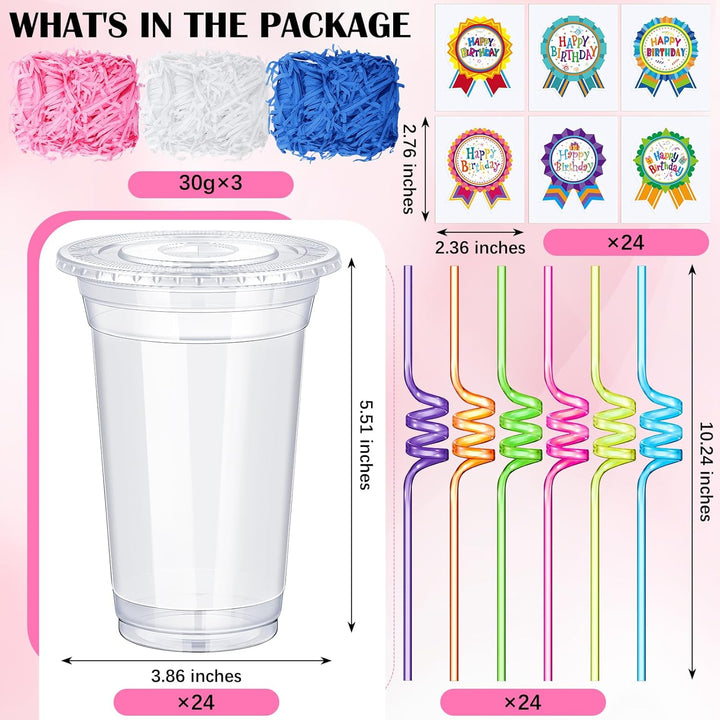 24 Set Creative Happy Birthday Gifts from Teacher Students Birthday Cups with Lids Colorful Straws Stickers and Raffia Disposable Plastic Cups for Reward Kids Prize Classroom Party Supplies