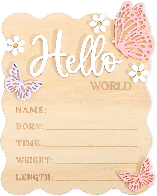 Butterfly Daisy Hello Worid Board - Little Butterfly Birth Announcement Sign, Wooden Hello World Card for Hospitals, Newborn Birth Information Record Board, Daisy Nursery Decorations Photo Props