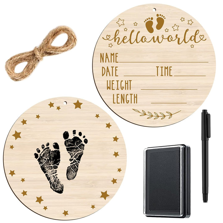 Baby Announcement Wooden Name Sign for Hospital Birth Double Sided Newborn Welcome Sign with Marker Pen and Ink Pad for Baby Shower Hand Footprints(Jungle)
