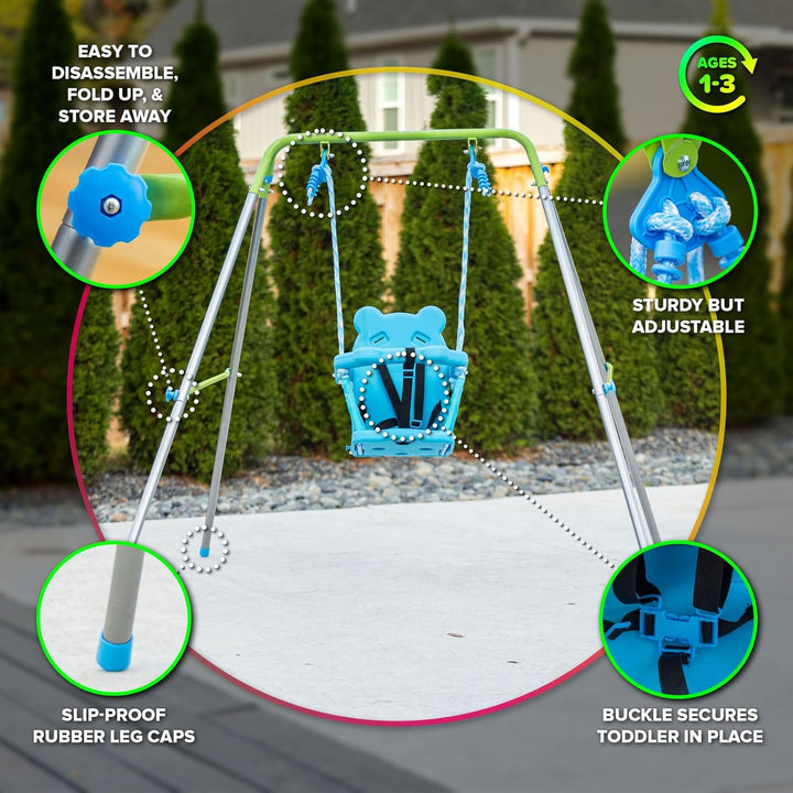 My 1St Toddler Swing - Heavy-Duty Baby Indoor/Outdoor Swing Set with Safety Harness, Blue, 52"L X 55"W X 47"H