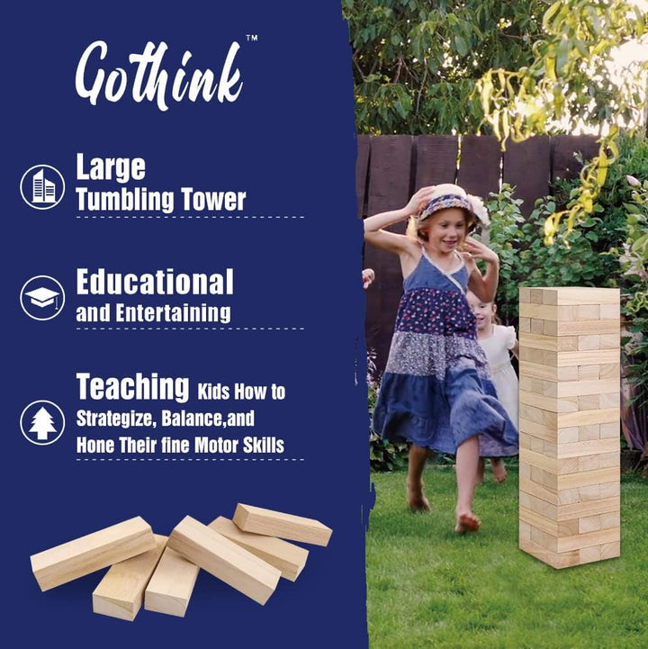Giant Tumble Tower Game, Large Tumbling Tower Stacking to over 4 FT 54Pcs Wooden Jumbo Blocks for outside Yard Games with Carry Case Timber Stacking Game Night Toy Gift for Kids Adults Family