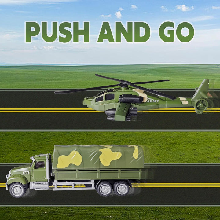 Military Vehicle Set Assorted Army Model Car Helicopter Submarine Tank Armored Car Panzer Transport Truck with Army Men Action Figures Soldiers Die Cast Alloy Metal Pull Back Toys for Kids