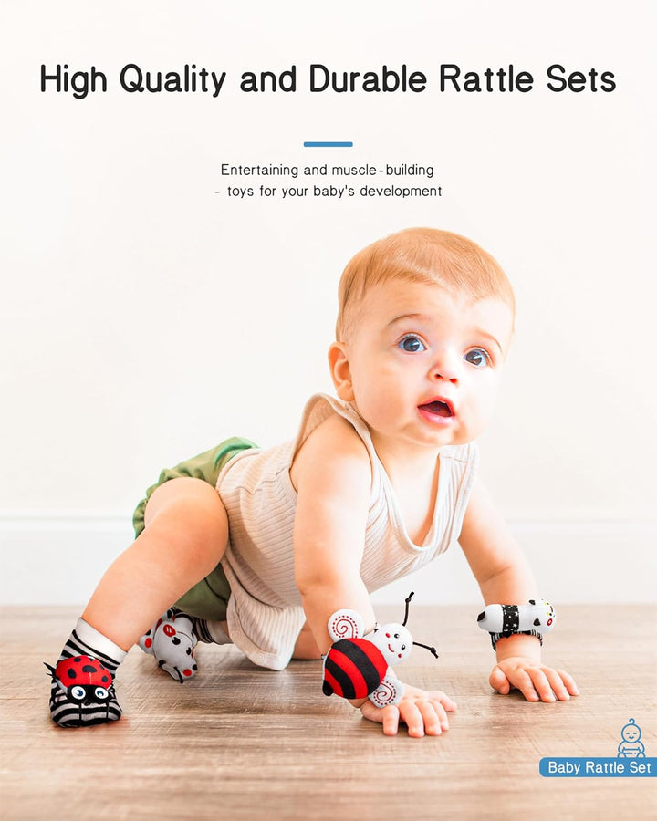 High Contrast Baby Toys Infant Rattle Socks and Wristband Set, Ideal Baby Sensery Toy Gifts for Newborn 0-12 Months, Perpect Black and White Toys for Boys and Girls as Baby Shower Gifts