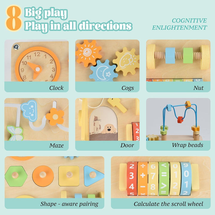 Activity Table for 1+ Year Old, 8-In-1 Wooden Montessori Activity Center Table with Shape Sorter Math Game Bead Maze, Baby Sensory Toy Learning Toys for Toddler First Birthday Gift