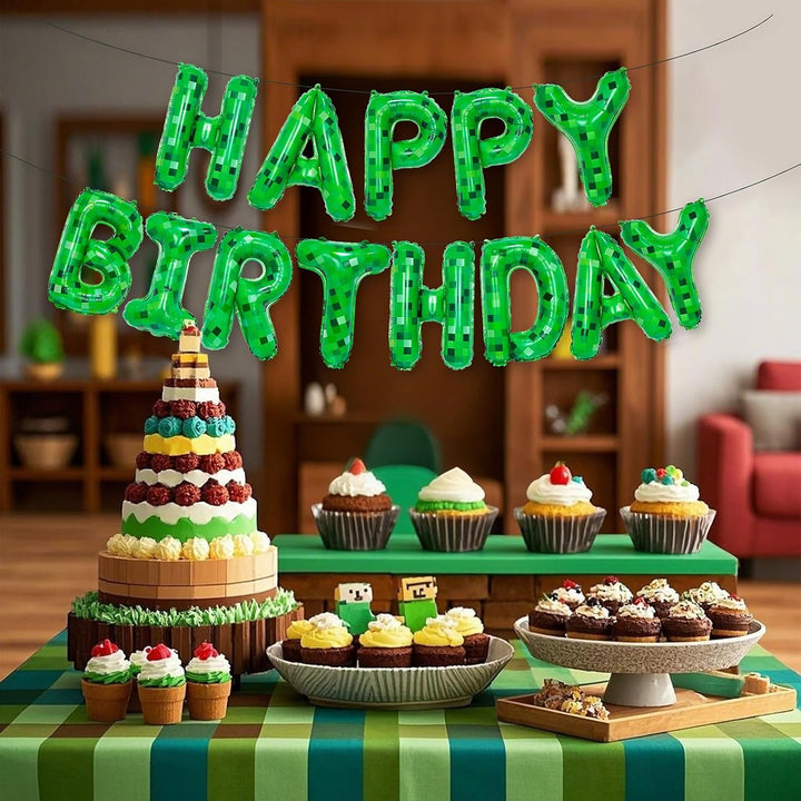 TNT Pixel Happy Birthday Banner Party Decorations Foil Balloons Letters Signs Blast Gaming Party Miner Supplies for Boy Girl