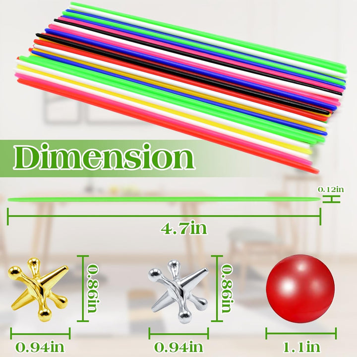 3 Sets Jacks Game and Pick up Sticks, 180 Pcs Sticks and 30 Pcs Metal Jax with 3 Pcs Red Rubber Balls, Classic Pick up Sticks Game for Kids Adults Family