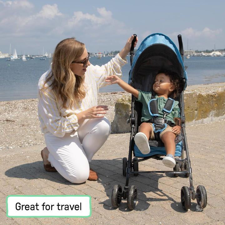 3D Mini Convenience Stroller – Lightweight Stroller with Compact Fold, Multi-Position Recline, Canopy with Pop Out Sun Visor – Umbrella Stroller for Travel & More, Blue/Black