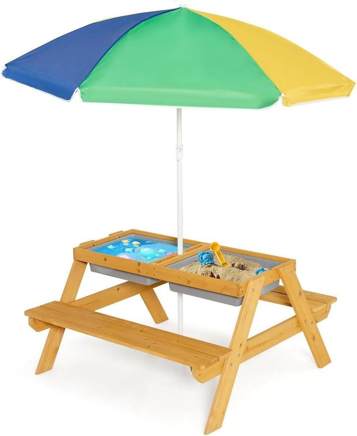 Kids Picnic Table, Outdoor Toddler Wooden Table and Chair Set with Removable Umbrella, Children Activity Furniture Bench Set for Patio Garden Backyard