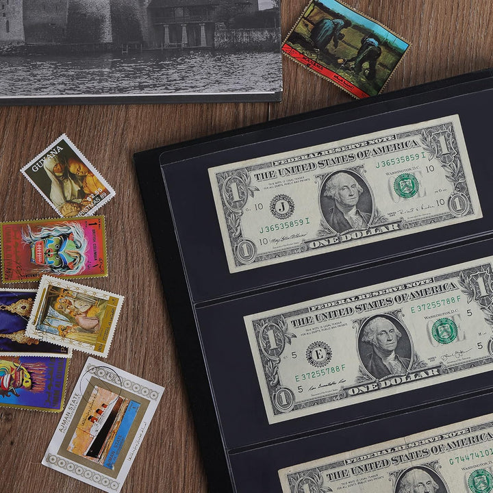 60 Pockets Currency Album-8.3" X 3.3" Banknotes Collecting Holder Leatherette Hard Cover Storage Book with Protective Case for Paper Folding Money Dollars Bills Trading Cards Stamps Collection AN01BK