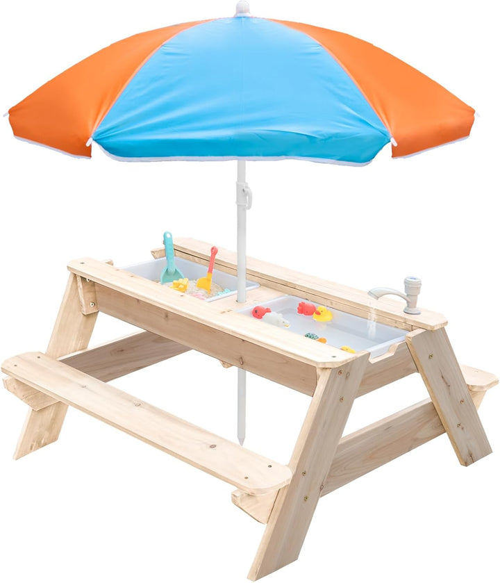 Kids 3-In-1 Sand & Water Table, Wood Outdoor Convertible Picnic Table with Umbrella, 2 Trays, Removable Top with Faucet, Picnic for Outdoor (Pink/Navy)