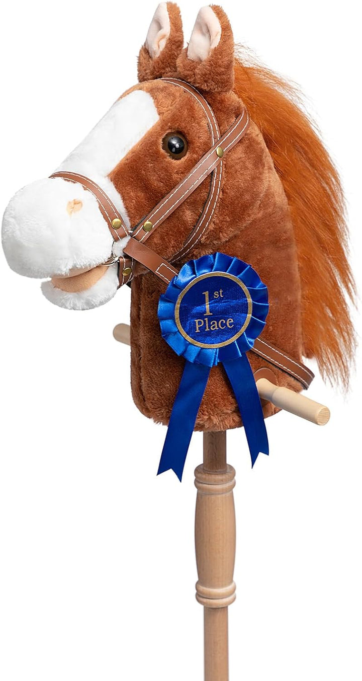 Stick Horse Plush Handcrafted Hobby Horse on a Stick with Wood Wheels Real Pony Neighing and Galloping Sounds for Kids Toddlers Dark Brown 36 Inches(Aa Batteries Required)