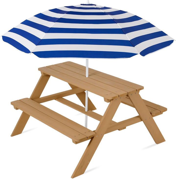 Kids Wooden Picnic Table, Outdoor Activity & Dining Table W/Adjustable Collapsible Umbrella, Built-In Seats - Golden Brown/Navy