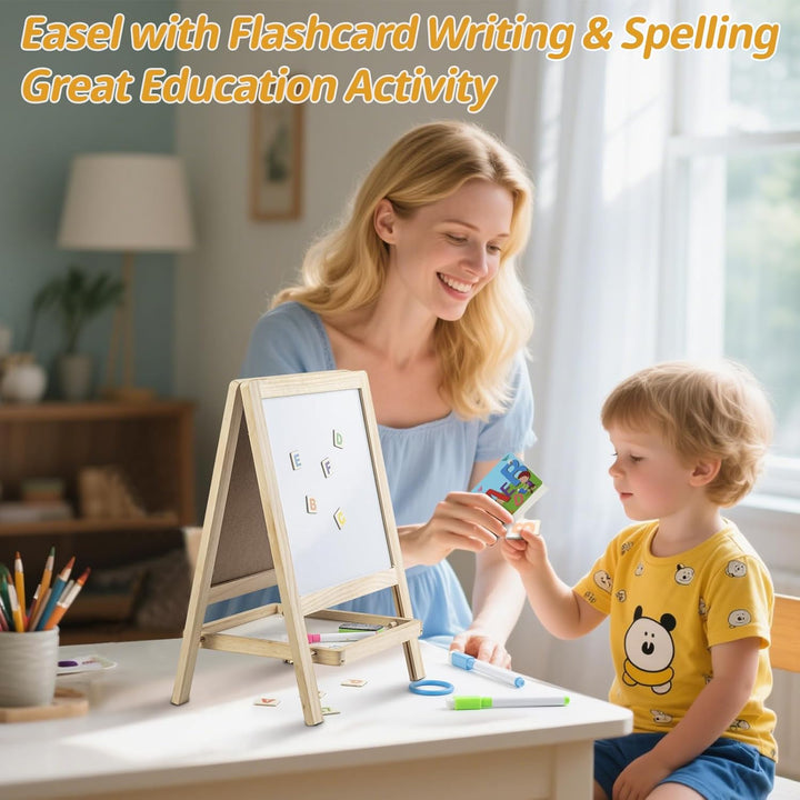 Tabletop Painting Wooden Art Easel for Kids - 4-In-1 Double-Sided Drawing Board for Toddlers 2-4, Chalkboard & Dry Whiteboard with Chalk,Markers, Eraser, Magnetic Letters/Numbers & Flashcards