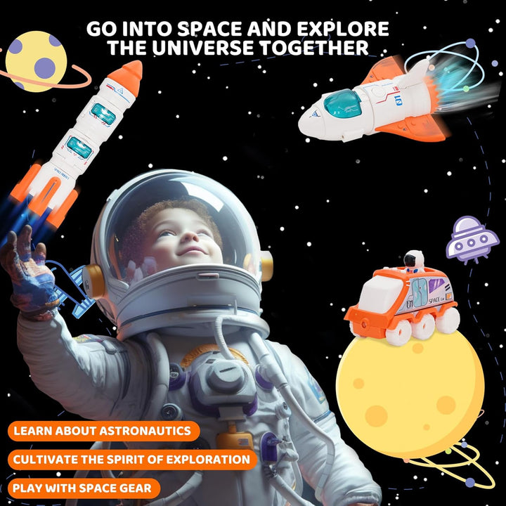 Spaceship Toy Set for Kids, Space Astronaut Play with Lights & Sound and Spray Effect, Interactive Toys, Rocketship Solar System Playset with Rocket Shuttle, Space Station, Space Rover (Orange)