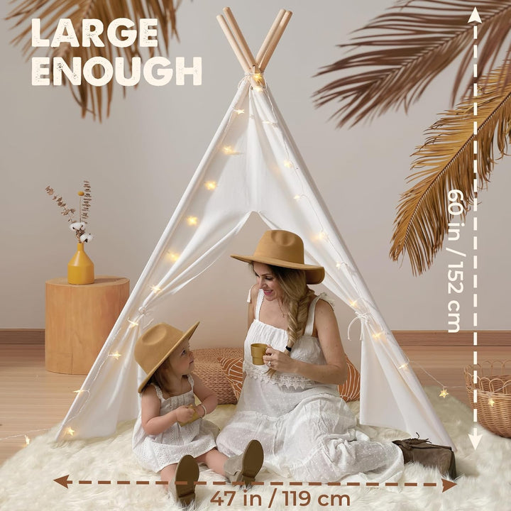 Teepee Tent for Kids – 100% Cotton Play Tent with Padded Mat & Star Lights, Foldable with Carry Bag, Indoor Play Tent for Girls & Boys