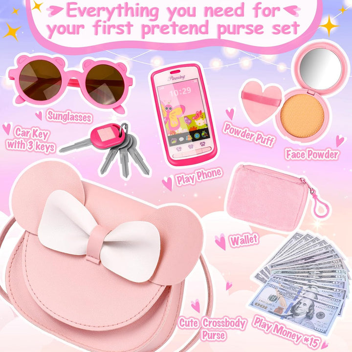 Play Purse for Little Girls, 23PCS Toddler Purse with Pretend Makeup for Kids, Princess Toys Includes Crossbody Bag, Phone, Wallet, Keys, Kids Toy Purse Birthday Gift Toys for Girls 3 4 5 6+
