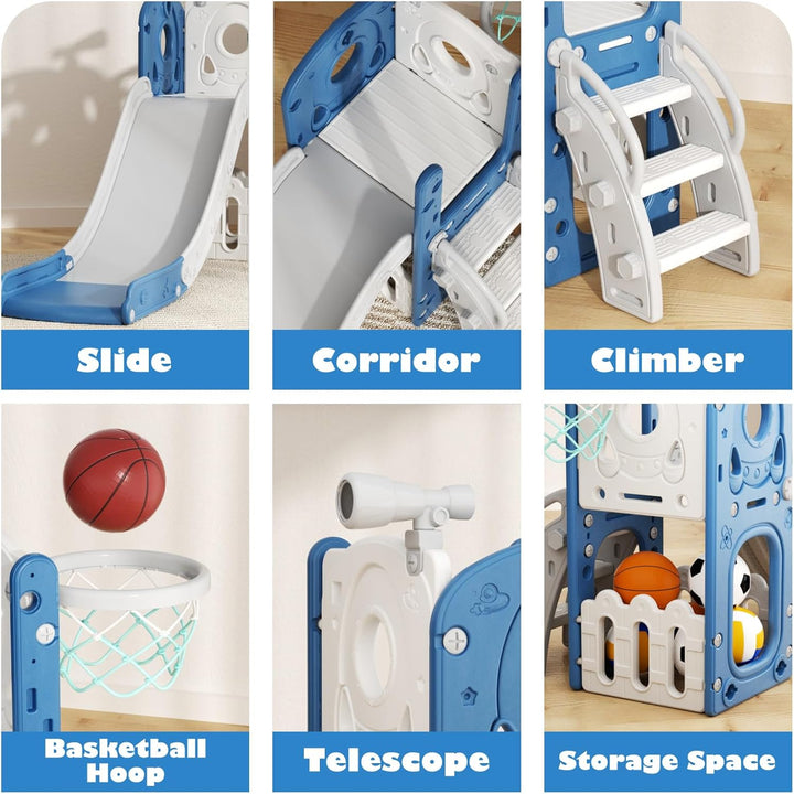 Toddler Slide 7 in 1 Outdoor Playset Kids Slides Indoor Playground for Backyard Baby Climber with Telescope Basketball Hoop and Ball Storage Space for Age 1+ Years (Blue)