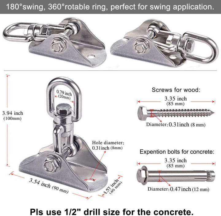 Stainless Steel Swing Hanger Heavy Duty Ceiling Swing Mount Free Swivel Swing Hook Swing Hardware Kit for Yoga Swing Hammock Chair Porch Swing Sets Heavy Punching Bag 1000 LB Capacity