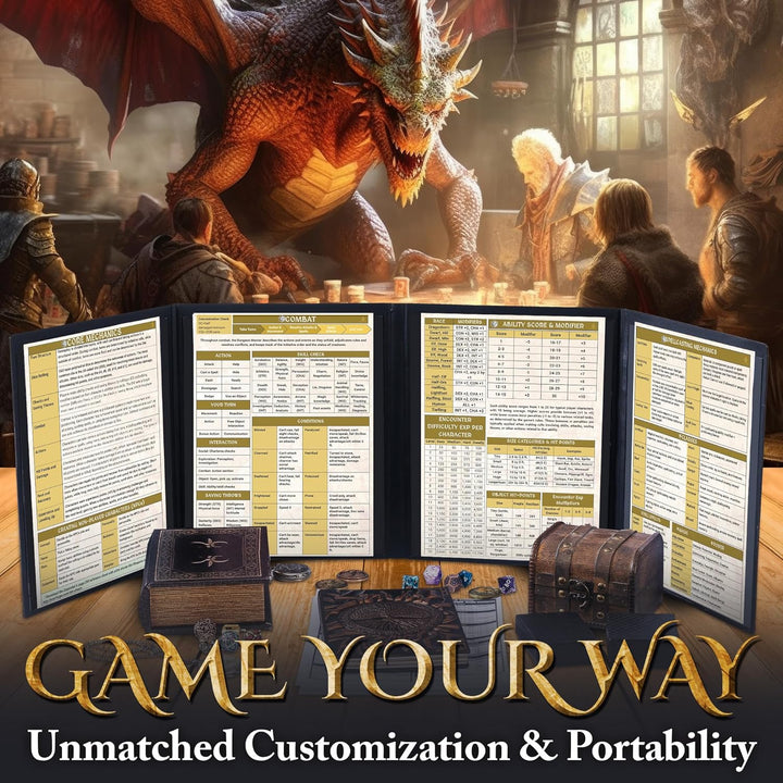 DM Screen for DND with 4 Wider Panels - Stunning Panoramic Battle Scene & Clear Game Master GM Pockets - 3D Embossed Faux Leather Dungeon Master Screen for D&D, RPG (Fits US Letter 8.5 X 11)