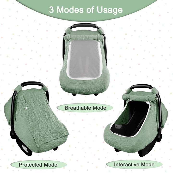 Muslin Car Seat Covers for Babies, Summer Baby Car Seat Cover for Boys Girls with Breathable Window, Lightweight Infant Car Seat Canopy, Green
