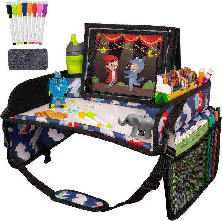 Car Seat Tray for Kids Travel - Black 600D Oxford Lap Desk Organizer with Dry-Erase Surface, Tablet Stand, Snack Holder & Cup Holder - Travel Tray for Kids Car Seat