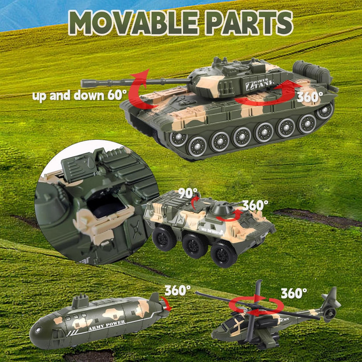 Military Vehicle Set Assorted Army Model Car Helicopter Submarine Tank Armored Car Panzer Transport Truck with Army Men Action Figures Soldiers Die Cast Alloy Metal Pull Back Toys for Kids