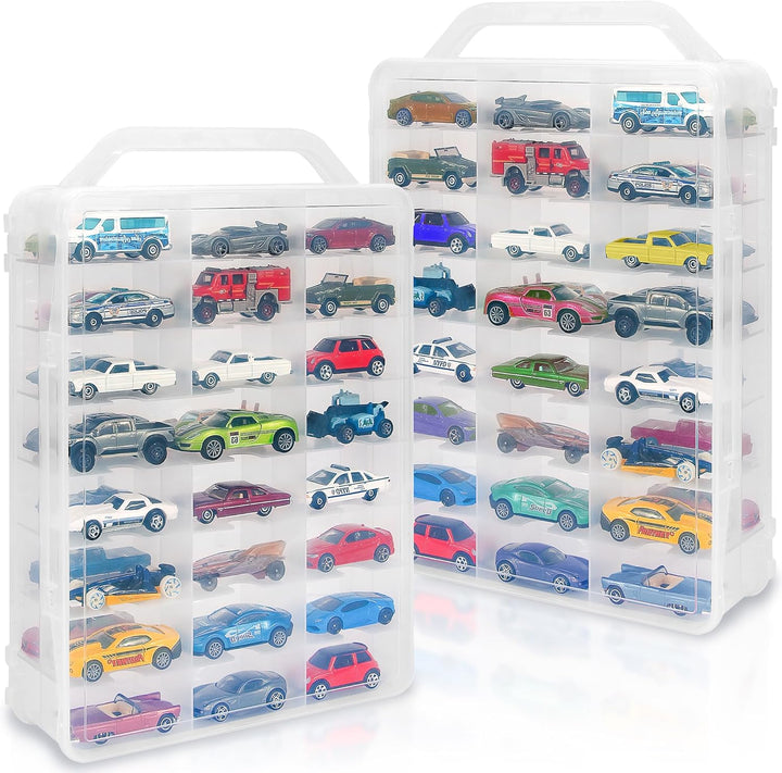 Double Sided Storage Case for 48 Toy Cars, Matchbox Cars, Portable Transparent Storage Case with 48 Compartments, Case Only (Transparent)…