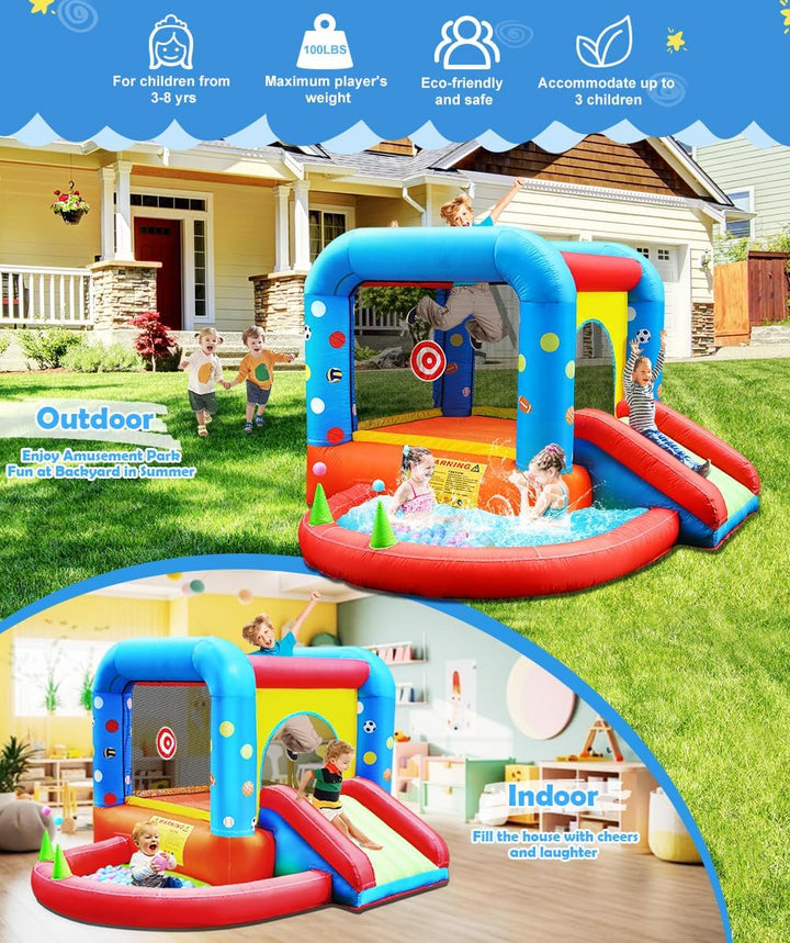 Inflatable Bounce House, Kids Castle Slide Bouncer for Children Jumping Outdoor and Indoor Party, Baby Backyard Water Jumper Toy with Blower, Ball Pit Pool, Ideal Gifts（112 X 98 X 65”）