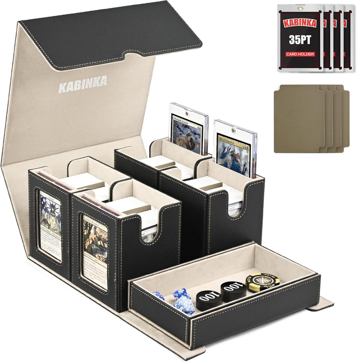 Card Deck Box for MTG with Commander Display, 5 in 1 Card Storage Box Fits 400+ Double-Sleeved Cards, Removable Deck Case for Tcg/Sports Cards with Dice Tray, 4 Magnetic Card Holders (Black Purple)