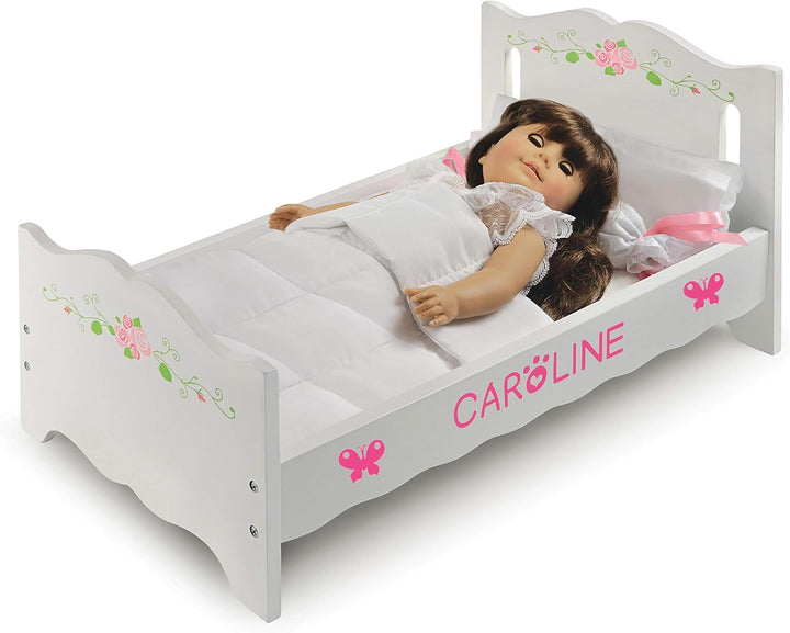 Wooden Doll Bed with Blanket and Pillow with Free Personalization Kit - Fits 18" to 20" Dolls - Ideal for Baby Dolls and Pretend Play Fun - White and Pink Rose Design