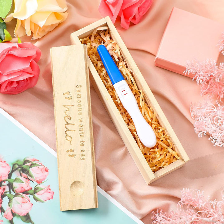 Pregnancy Test Keepsake Box Surprise Pregnancy Announcement Box Wooden Baby for Husband Grandparents Baby Memory Souvenir Collection Case with Raffia Ribbon(Classic)