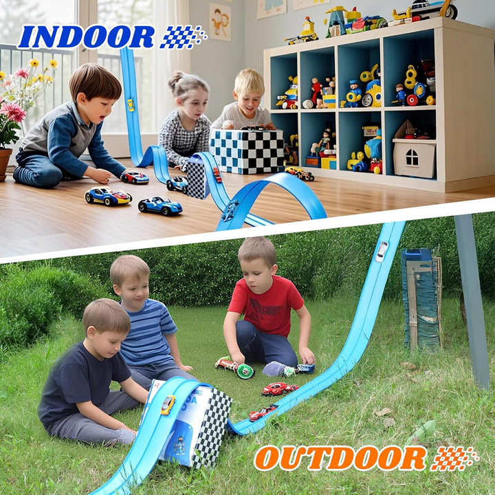 Flexible Race Track Toys for Kids: 15 Ft Flex Race Car Ramp Track with Suction Cups - Rolls up Portable DIY Racetrack Compatible with Diecast 1/64Th Cars Model - Birthday Gifts for Boys Girls Ages 3+