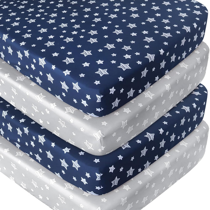 Pack and Play Sheets Boys, 4 Pack Mini Crib Sheets, Stretchy Pack and Play Playard Fitted Sheet, Compatible with Graco Pack N Play, Soft and Breathable Material, Navy