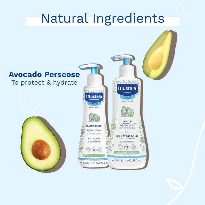 Baby Bath Time Gift Set - Baby Skin Care Essentials with Natural Avocado - Contains Hydra Bebe Body Lotion 10.14 Fl. Oz. & Gentle Cleansing Gel 16.9 Fl. Oz. - 2 Items Set