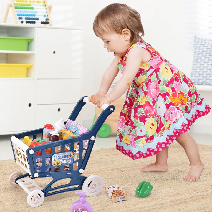 Kids Cash Register Toy Pretend Play with Real Calculator Sound Scanner/Shopping Cart/Food/Play Money, Learning Counter Grocery Store Playset Toys Gift for Kid Boy Girl Age 3 4 5 6 7 8 Years Old