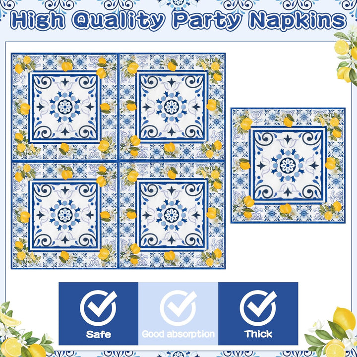 96Pcs Capri Lemon Party Plates Supplies Blue Tiles Yellow Lemon Party Tableware Decorations Summer Citrus Fruit Disposable Paper Plates Napkins Forks for Kids Birthday Baby Shower, Serves 24