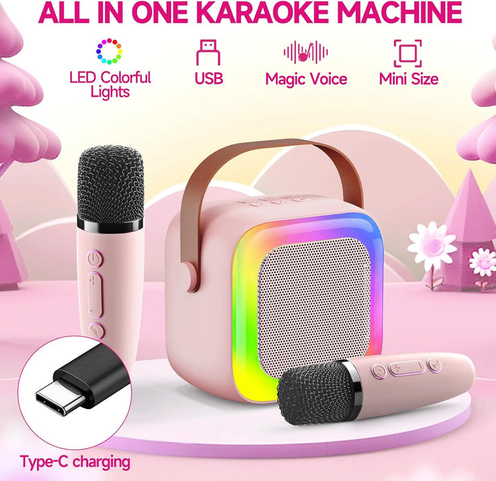 Mini Karaoke Machine for Kids Teen Adults, Kids Karaoke Machine with 2 Wireless Microphones and LED Lights Toys for Party, Home, Gifts for 4 5 6 7 8 9 10 11 12+ Years Girls Boys(Pink)