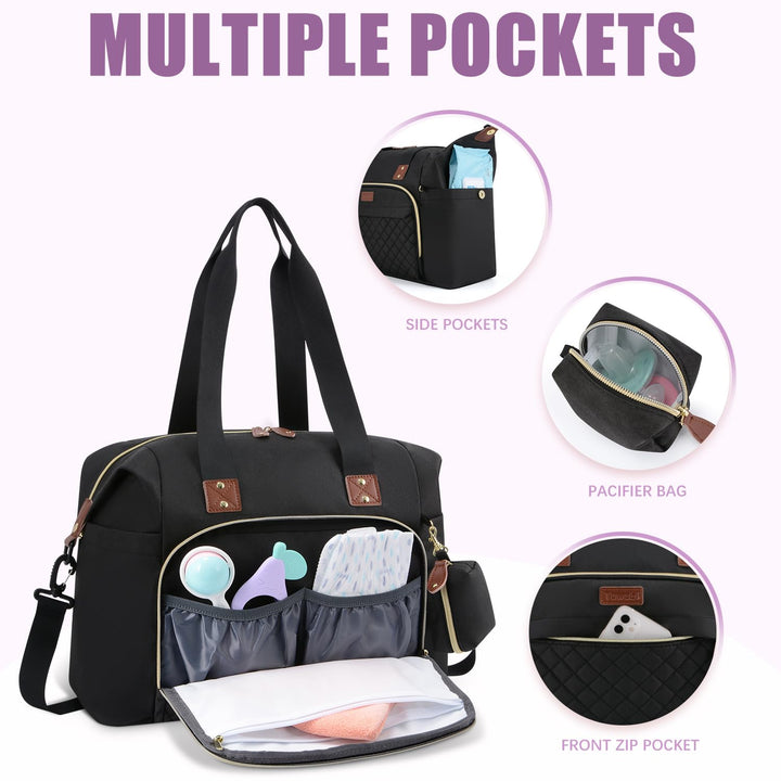 Diaper Bag Tote,Baby Diaper Bag with Pacifier Case Large Travel Diaper Tote Caddy for Mom and Dad Multifunction Large Baby Bag - M-Black