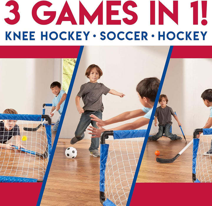 Indoor Mini Goal Sports Set - 3 in 1 Kids Indoor Goal Set - Indoor Mini Floor Hockey, Knee Hockey, and Mini Soccer Set for Kids, Blue, 22 X 17.5-Inch