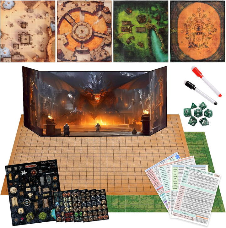 Foldable Battle Mat with DM Screen, Game Tokens, Dice Set, Markers - 2-Sided Wet & Dry Erase Terrain, Ultimate DND Starter Set, Accessories, Gift for Dungeon Master & Player