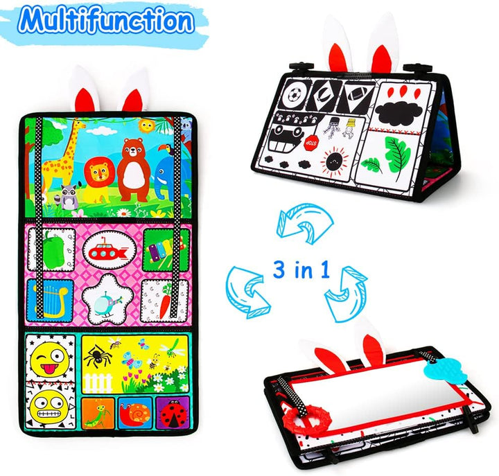 Tummy Time/Baby Mirror Toys, Black and White High Contrast Tabletop Mount Baby Newborn Toys 0 3 6 Months Brain Development, Sensory Texture Piano Infant Toys 0 3 6 Months with Squeaker