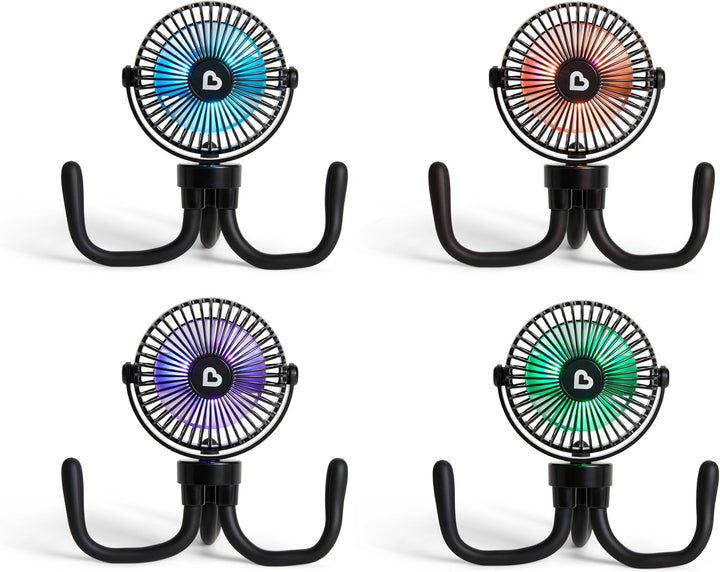 Stroller Fan - Portable Fan for Travel, Baby Gear Accessory with 4 Speeds, Flexible Clip-On Leg Attachment, Rechargeable Battery, Black with Multicolored LED Lights