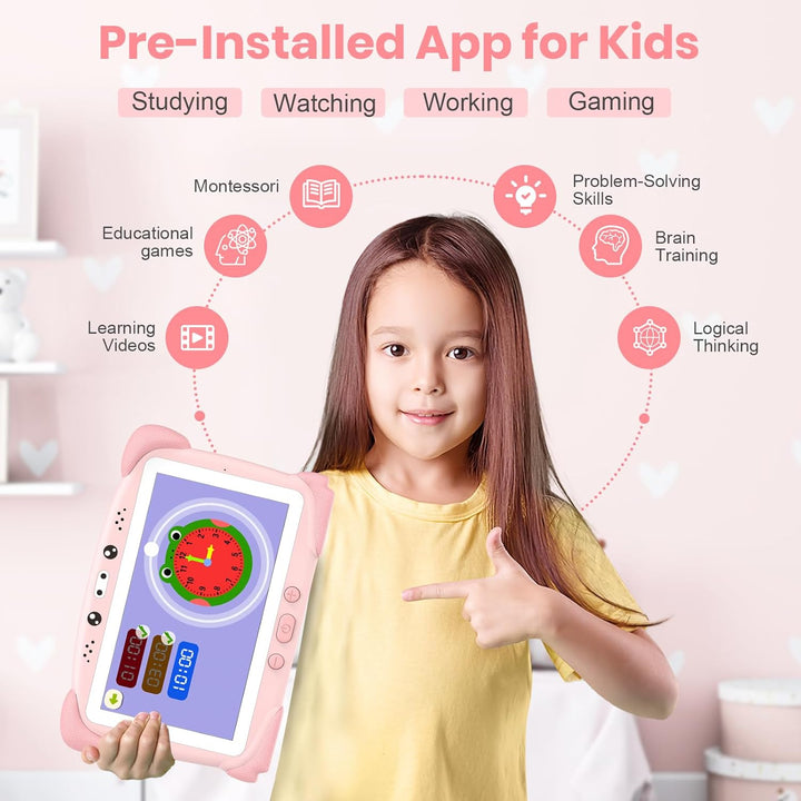Kids Tablet 7IN 32GB Tablet for Kids Toddler with Shockproof Case, Bluetooth, Wifi, Google, Netflix, Youtube, Parental Control, Education App Pre-Installed (Pink)