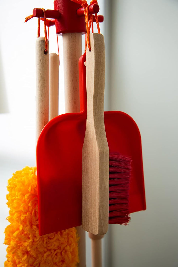 Justforkids Wooden Detachable Kids Cleaning Set - Duster, Brush, Mop, Broom and Hanging Stand Play - Housekeeping Kit - STEM Toys for Toddlers Girls & Boys, Total 6 Pieces,Multi Color,10071