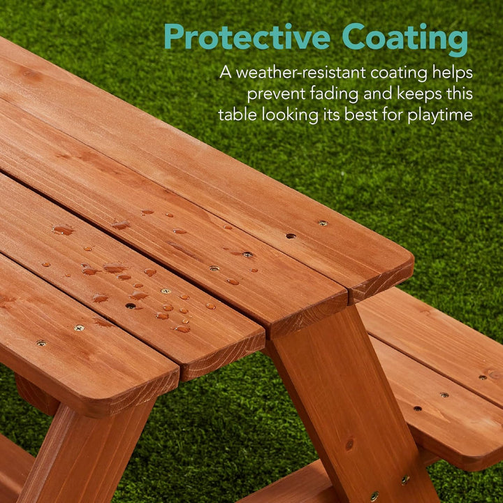 Kids Wooden Picnic Table, Outdoor Activity & Dining Table W/Adjustable Collapsible Umbrella, Built-In Seats - Golden Brown/Navy