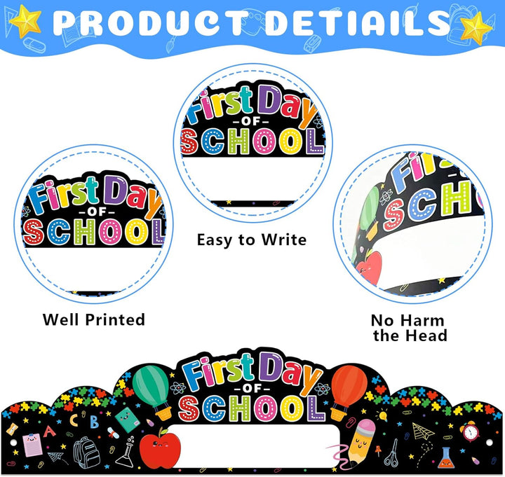 First Day of School Crowns Decorations 24Pcs Adjustable Kids First Day of School Paper Cap Headband Gifts for Kids Students,Back to School Party Hats for First Day of Kindergarten Preschool