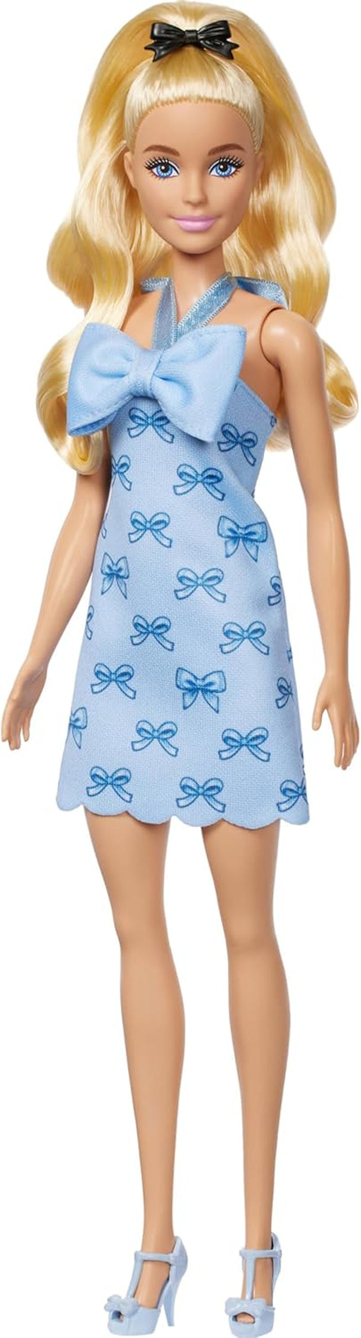 Fashionistas Doll #237 with Wavy Blonde Ponytail Wearing Blue Bow Halter Dress, Black Hair Bow Accessory and Matching Blue Heels