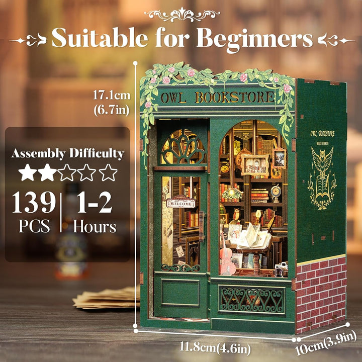 Book Nook Kit - DIY Miniature House Kit for Adults, Teens and Beginners, Dollhouse Booknook Library Tiny House Bookshelf Decor 3D Wooden Puzzle, Gifts for Family, Friends (Owl Bookstore)