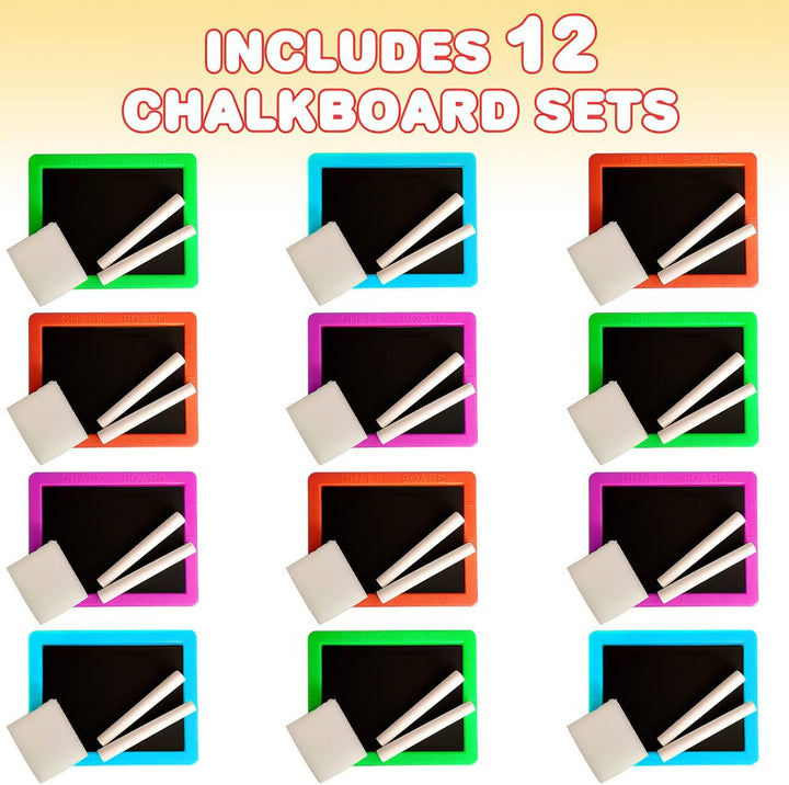 Neon Chalkboard Set for Kids - 12 Kits - 1 Mini Chalk Board, 2 Chalk Sticks, and 1 Eraser per Kit - Art Birthday Party Favors for Boys and Girls, Unique Stationery Goodie Bag Fillers