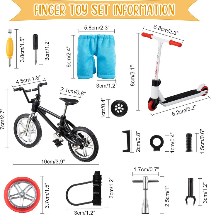 18 Pieces Finger Toy Set Including Alloy Finger Bikes, Finger Scooter, Finger Pants, Replacement Wheels, Bike Lock and Mini Tools Movement Party Favors(Black, White, Blue)